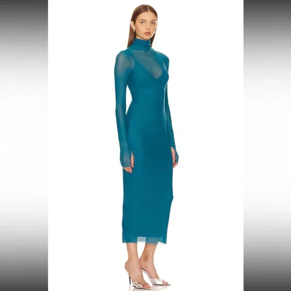 AFRM Blue Ribbed Long Sleeve Turtleneck Sheath Dress - Picture 3 of 5